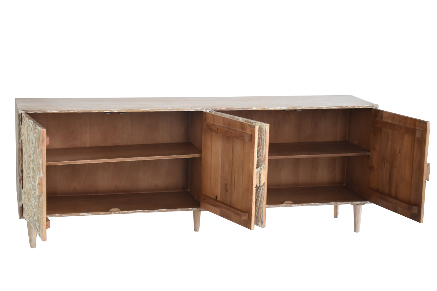 Side angle of a wooden media cabinet with storage space.