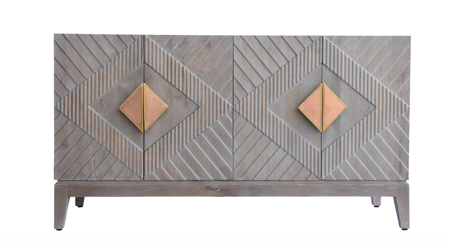Front view of a wooden sideboard with geometric design.