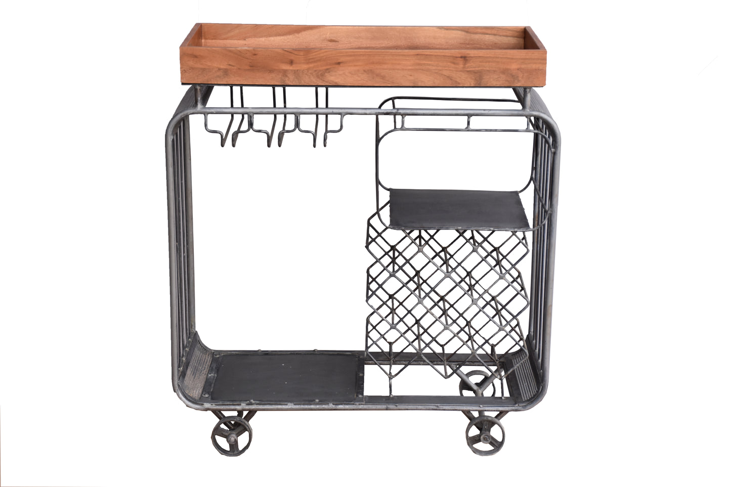 Modern bar trolley with wooden top and metal frame.