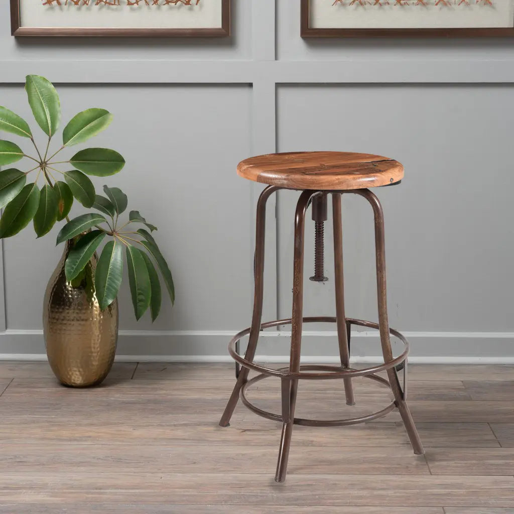 Adjustable stool with wooden seat in a stylish room setting