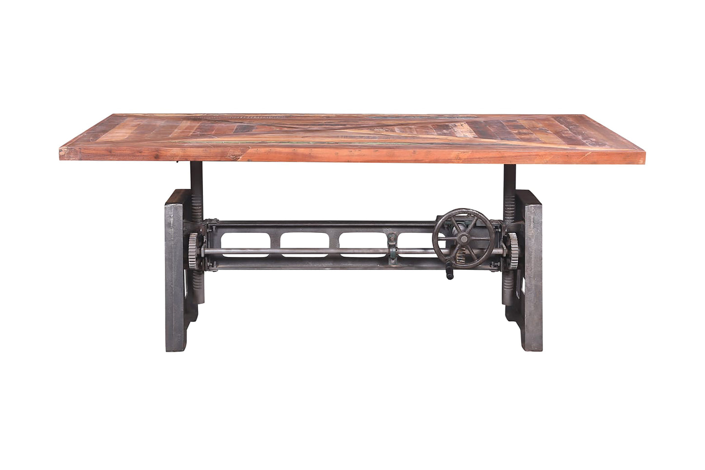Adjustable industrial dining table with crank handle