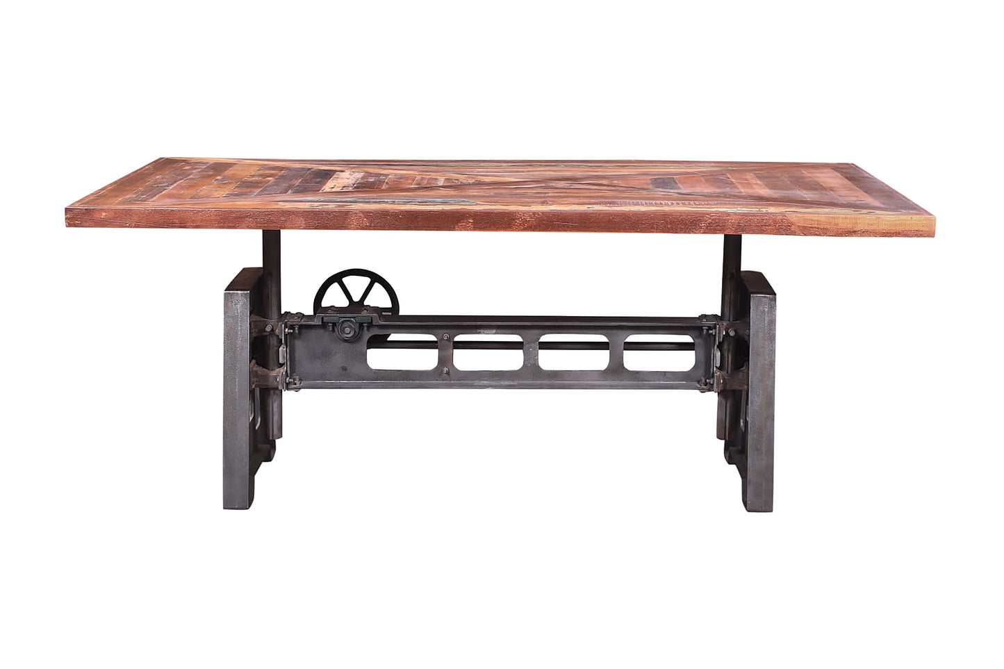 Front view of industrial dining table with crank mechanism.