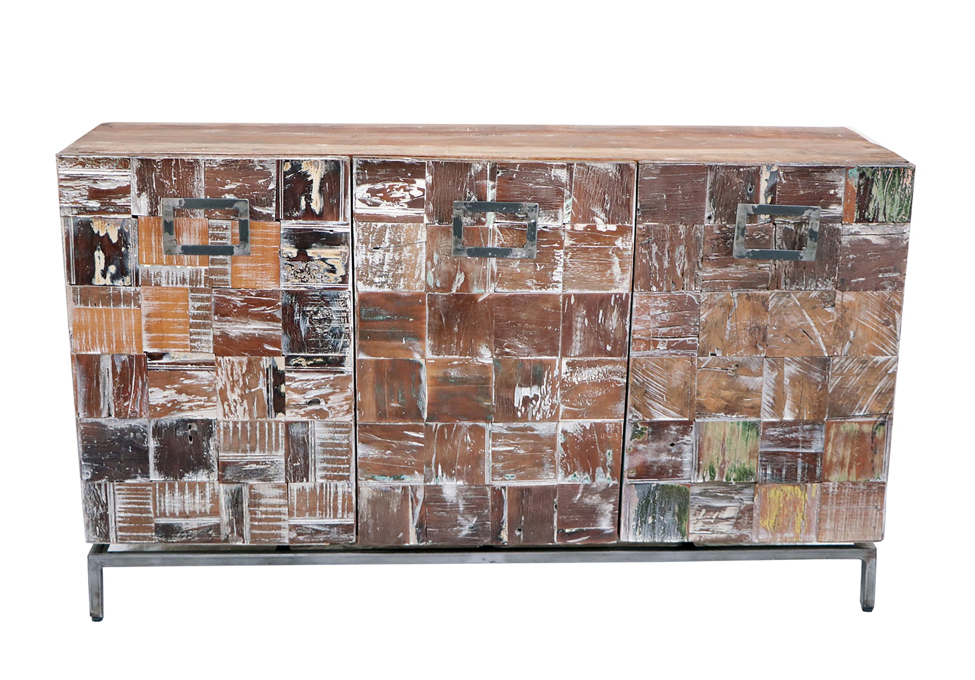 Front view of a reclaimed wood sideboard with storage