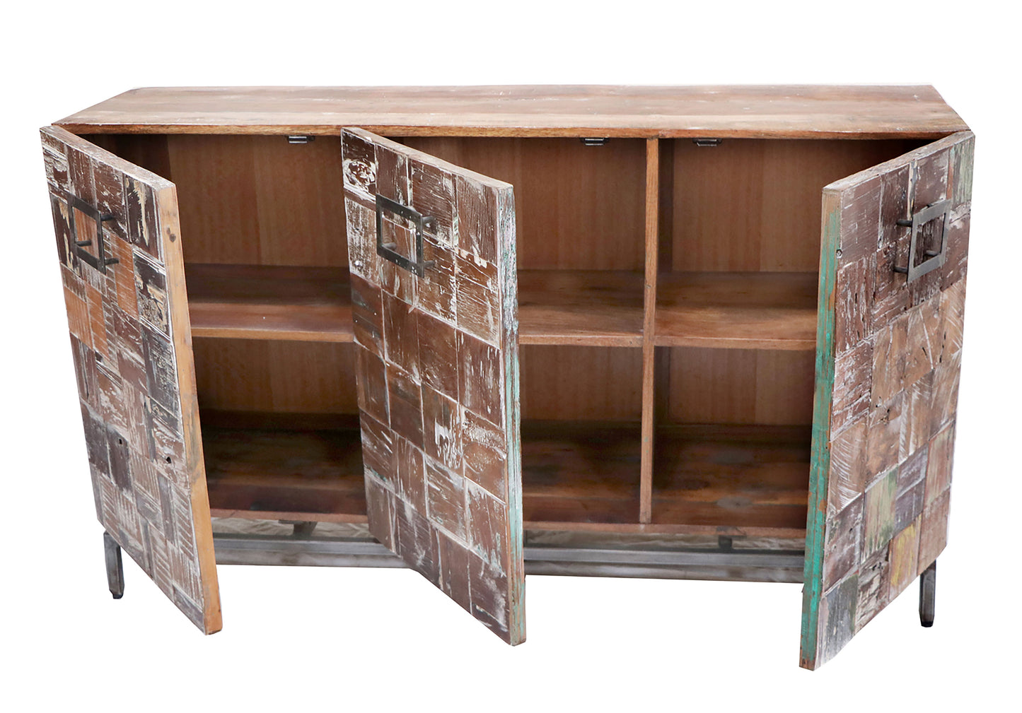 Open reclaimed wood sideboard showing shelves and storage