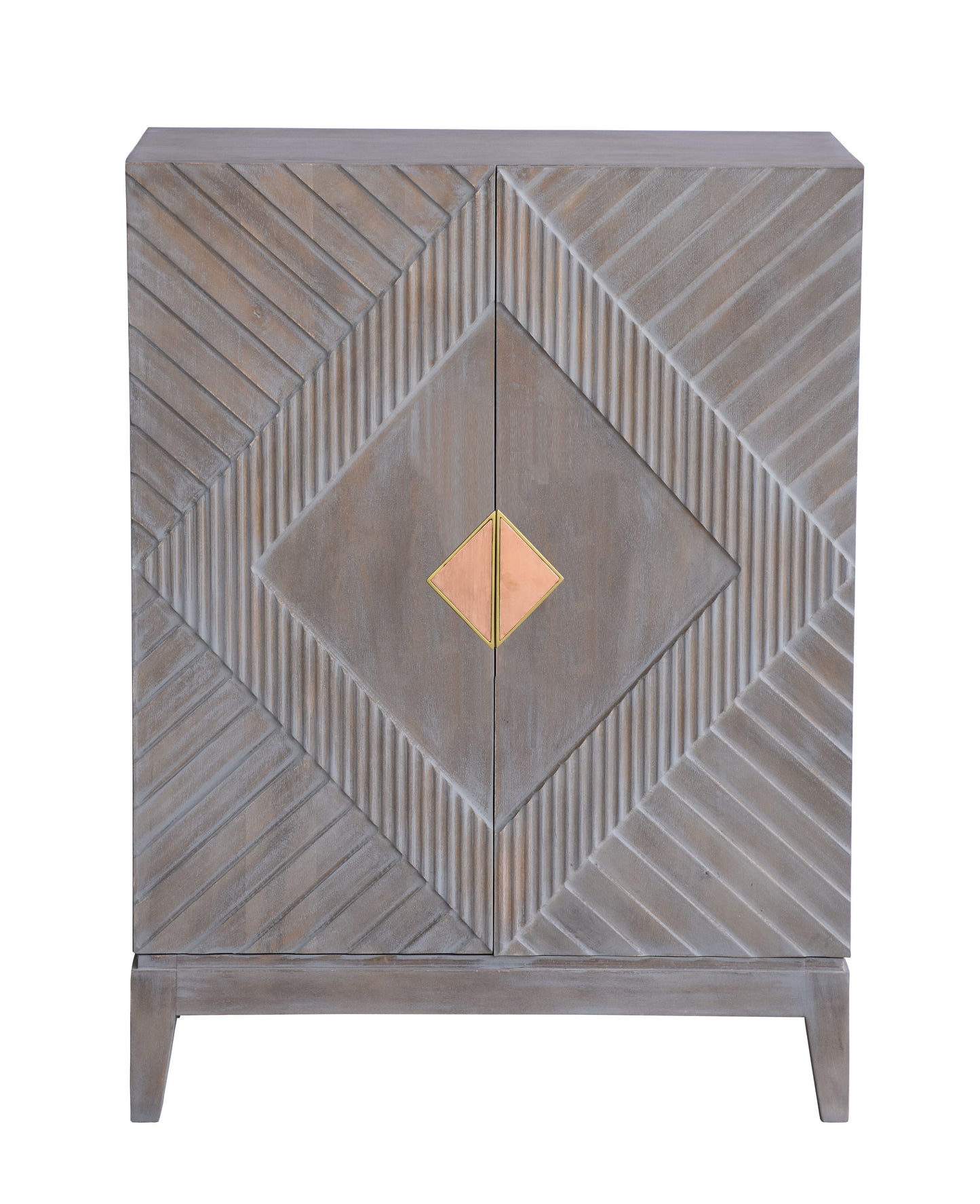 Front view of a modern wooden cabinet with geometric design