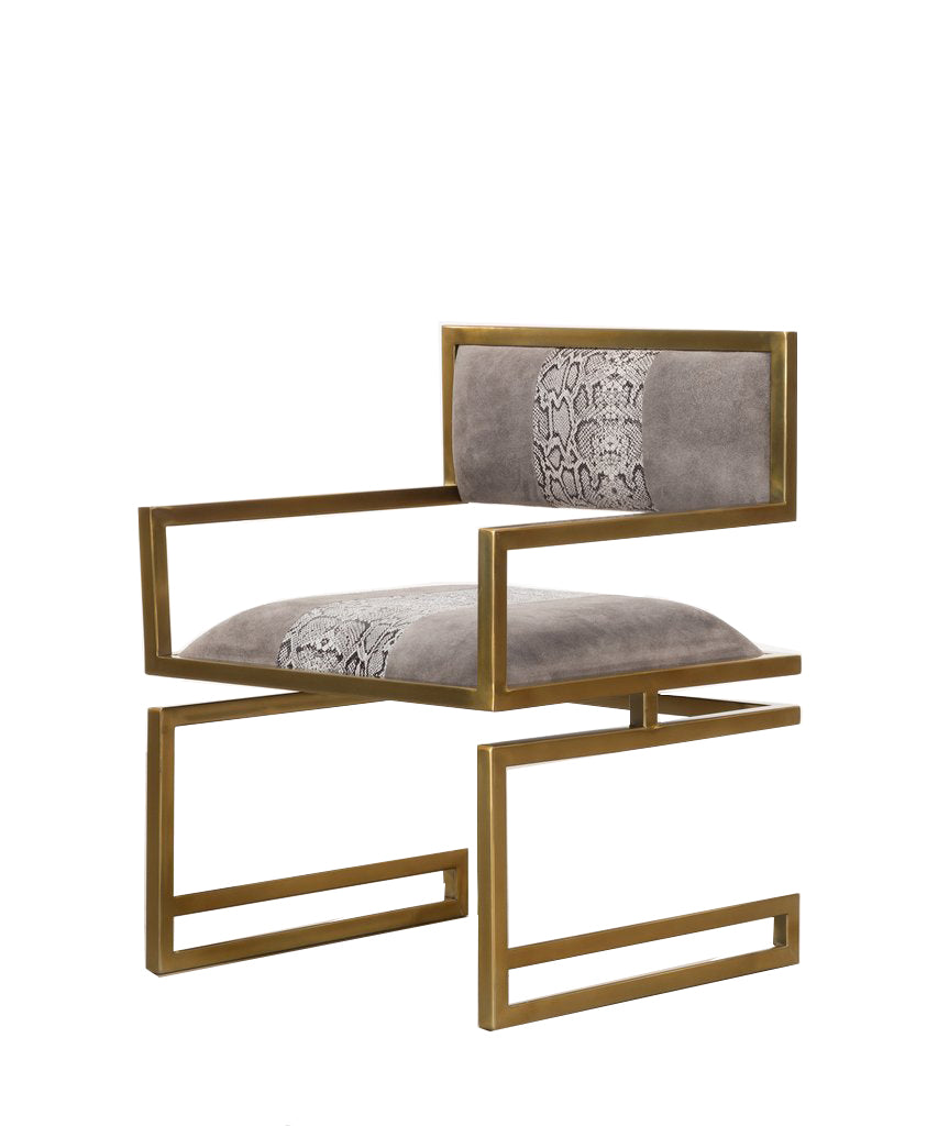 Side profile of a sleek designer chair with a gold base.