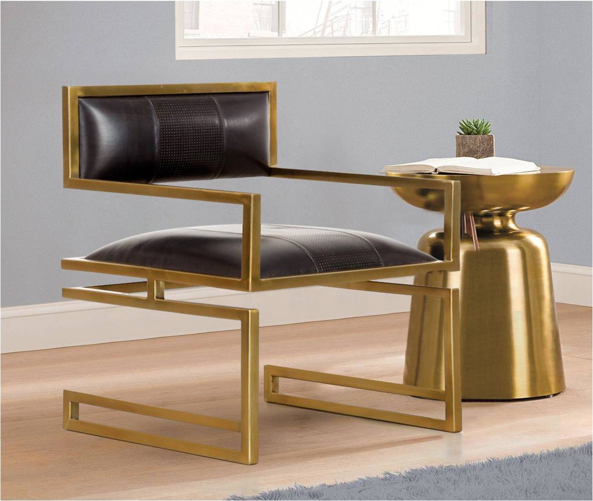 Luxury black leather and gold armchair.
