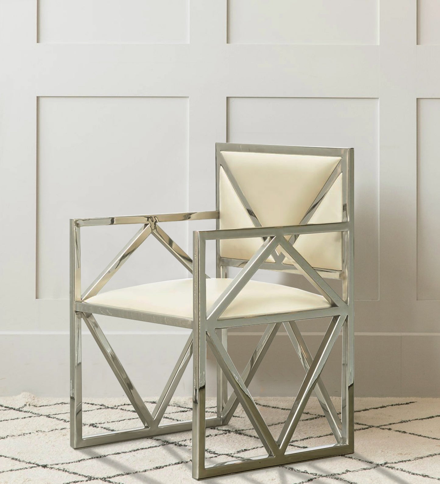 Elegant modern chair with a geometric metal frame.