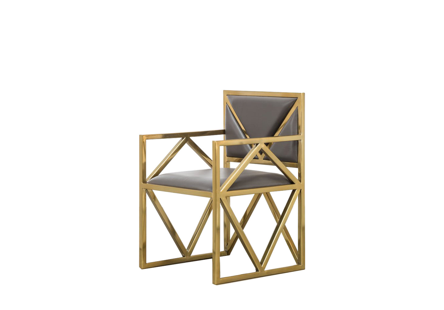Contemporary accent chair with a geometric metal base.