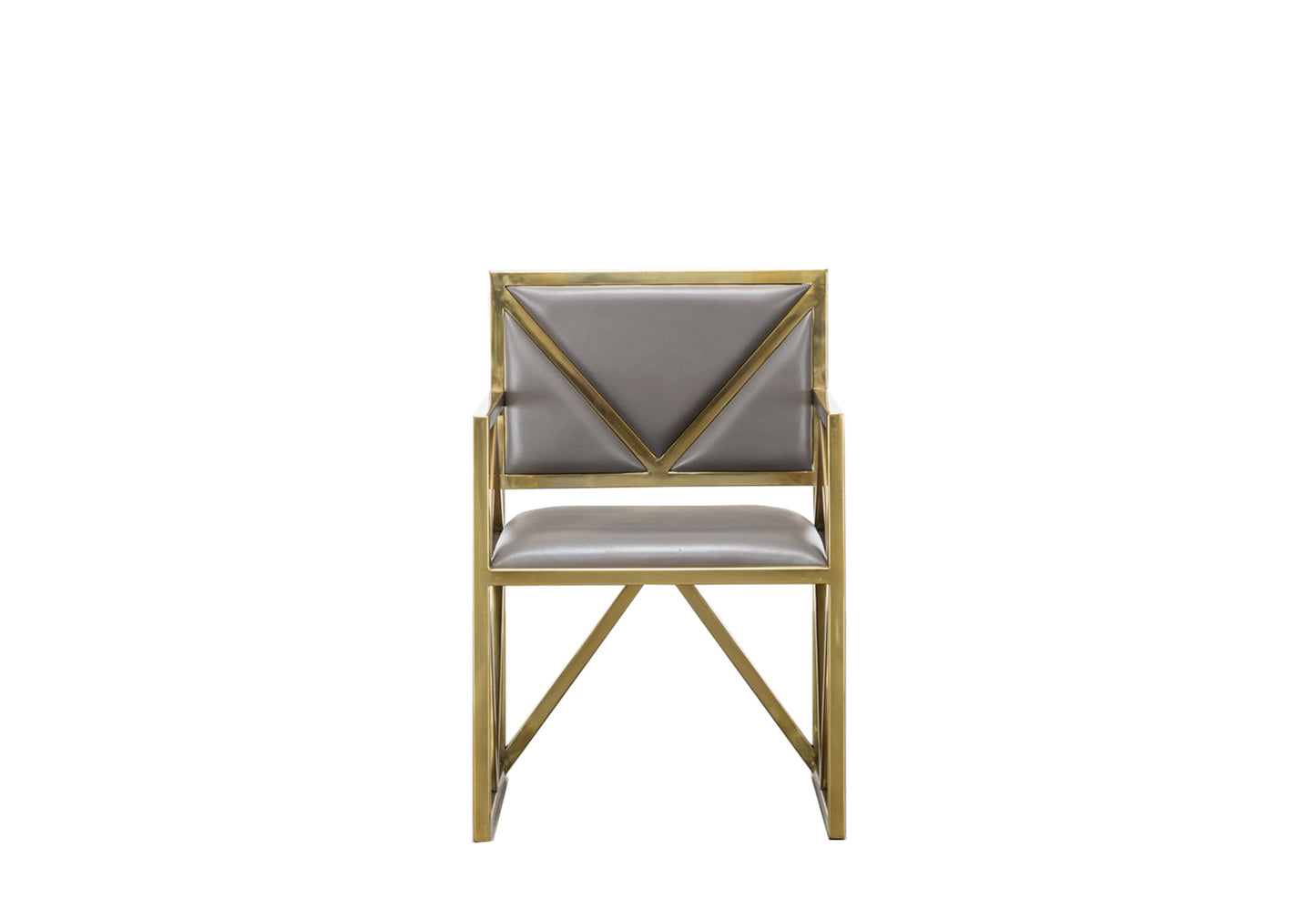 Modern chair with an X-shaped gold frame and leather seat.