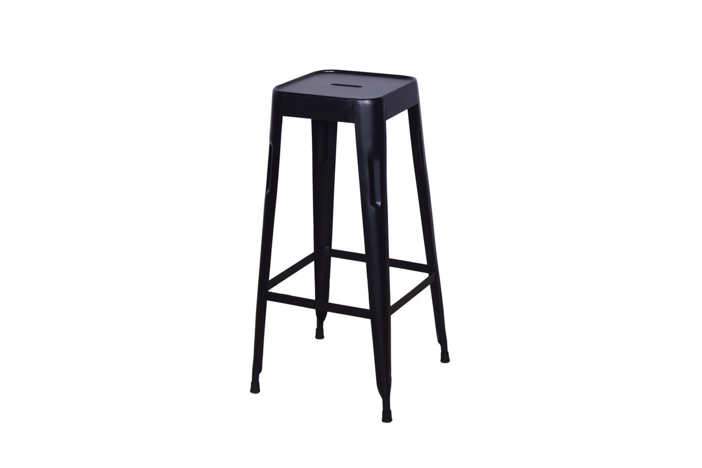 Black metal bar stool with a sleek design.