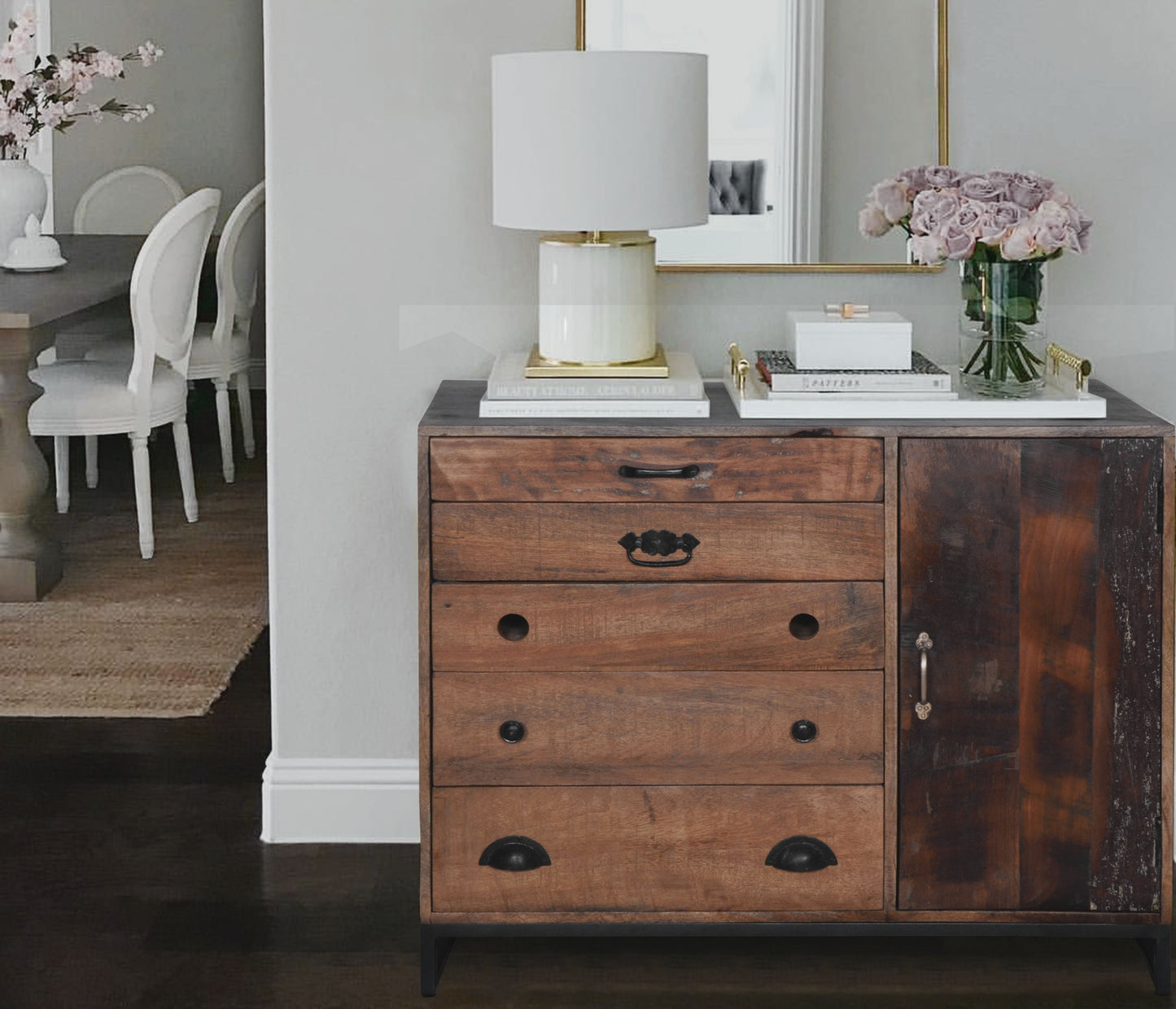 Sideboard placed against a modern backdrop.