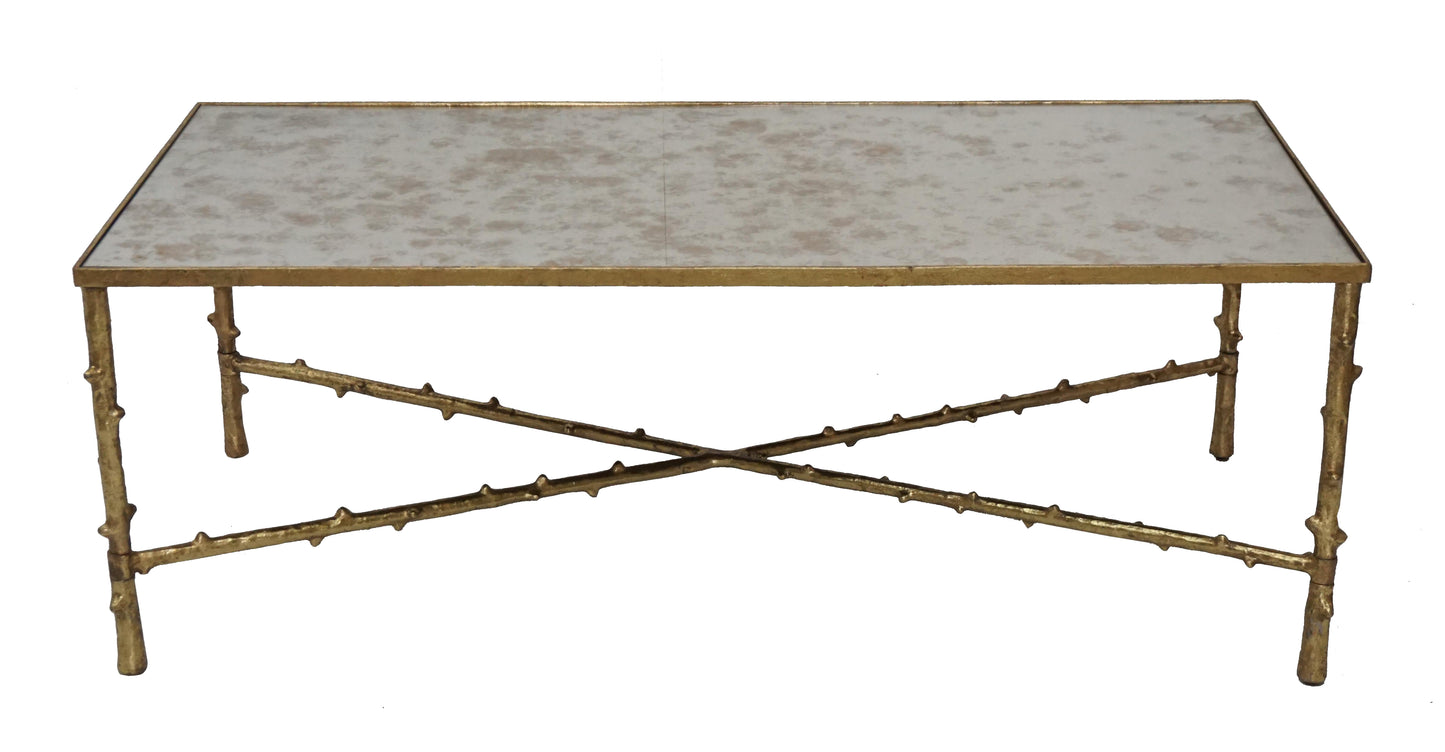 Rectangular coffee table with sturdy metal frame.