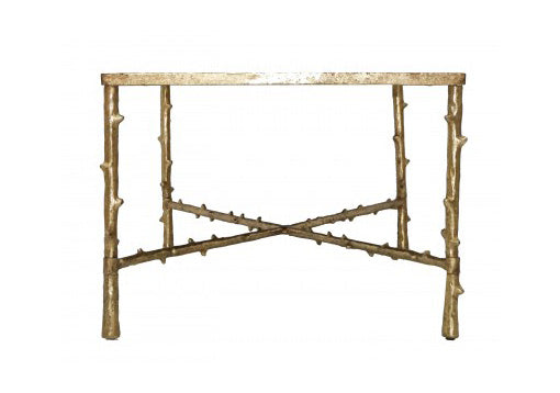 front view of elegant coffee table with gold accents.