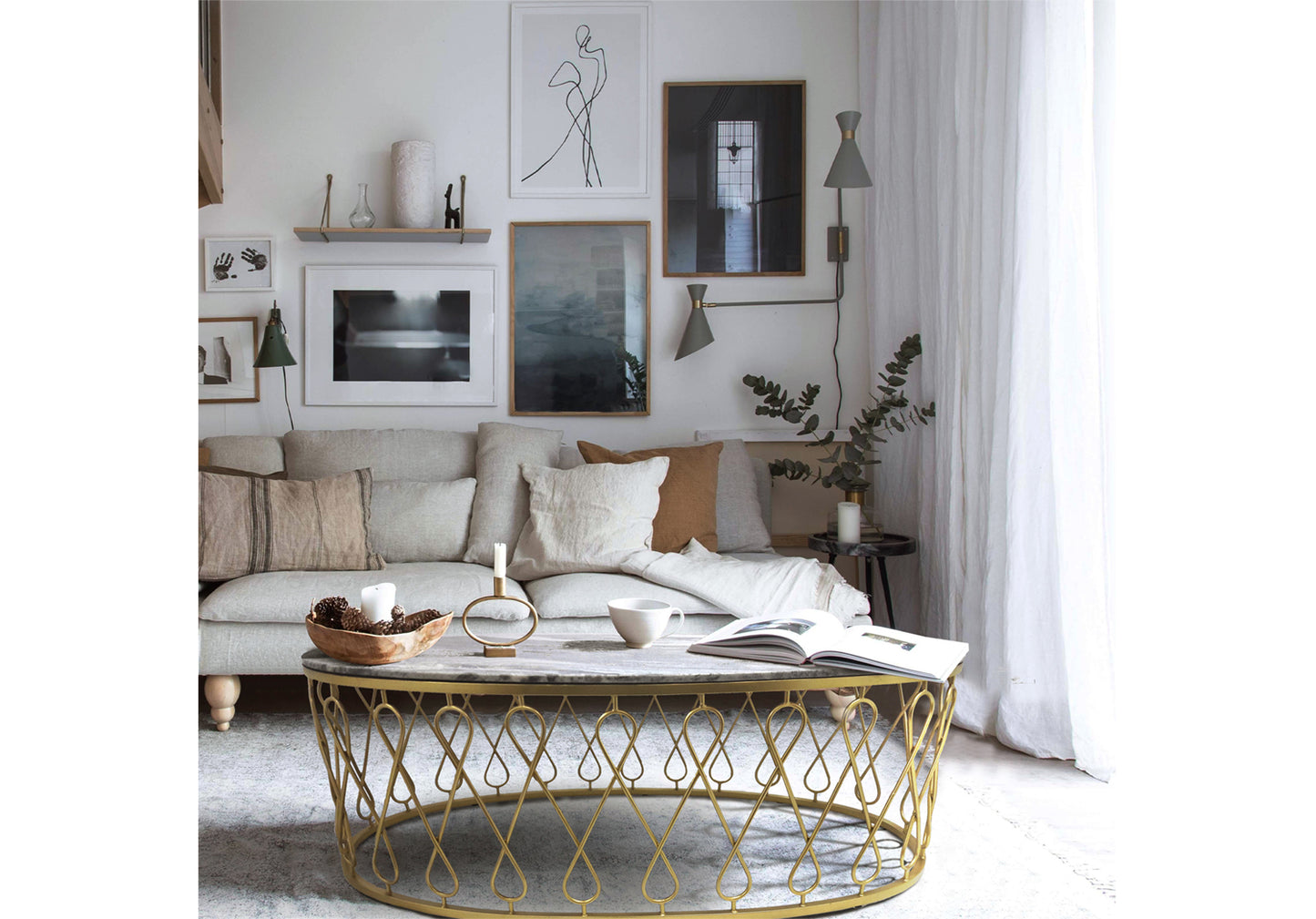 Modern coffee table styled in a living room.