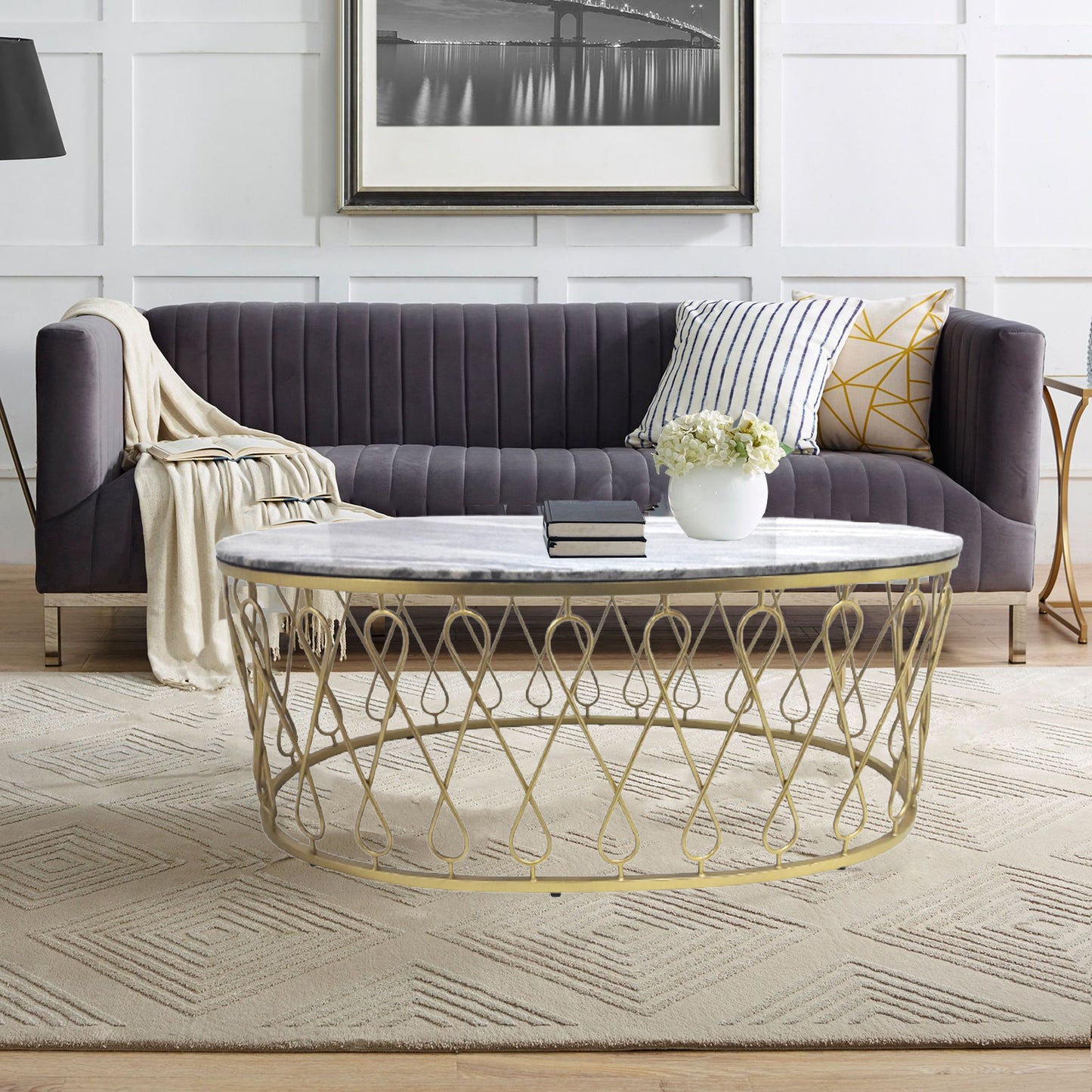 Gold-finish coffee table in room setting.