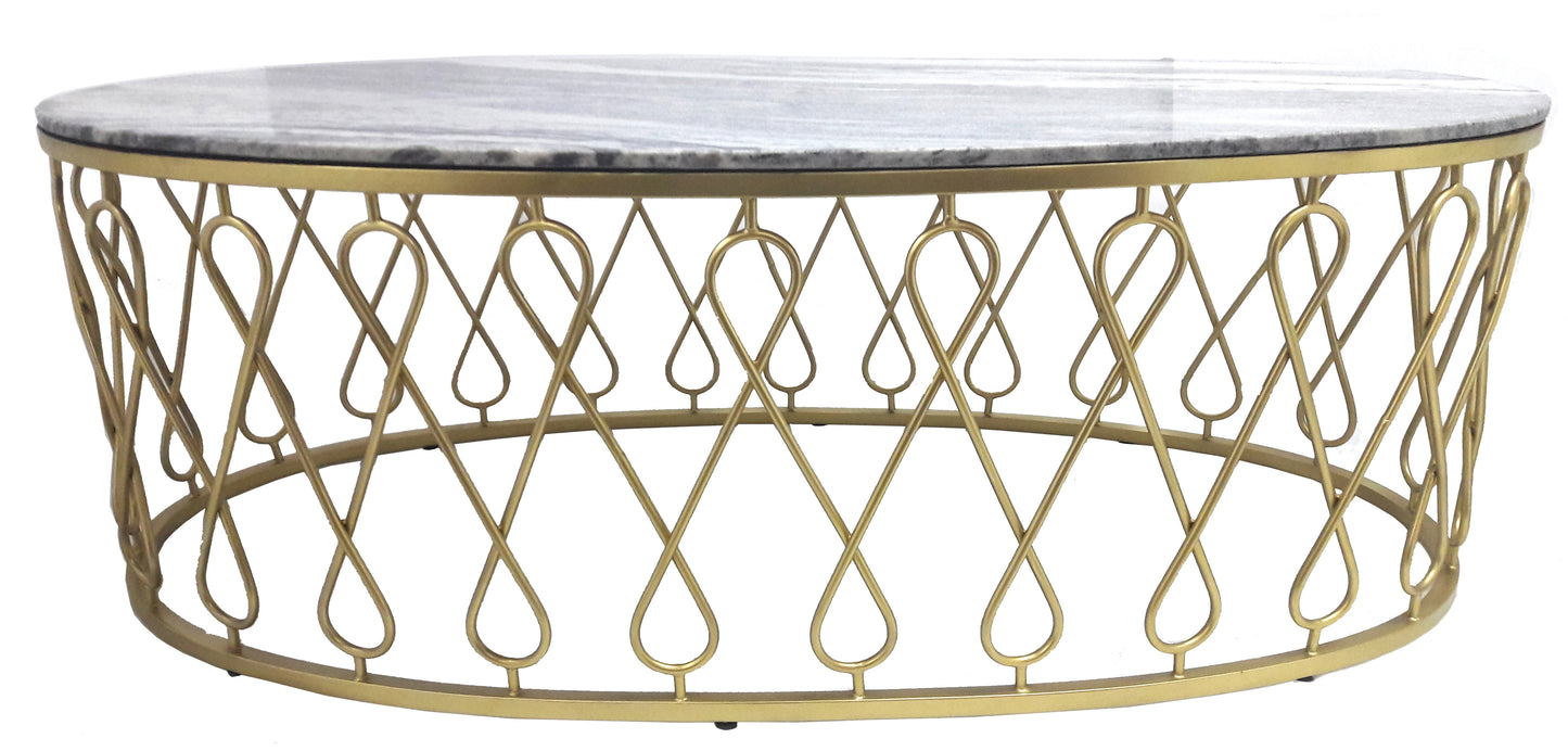 Front view of oval coffee table with marble top.