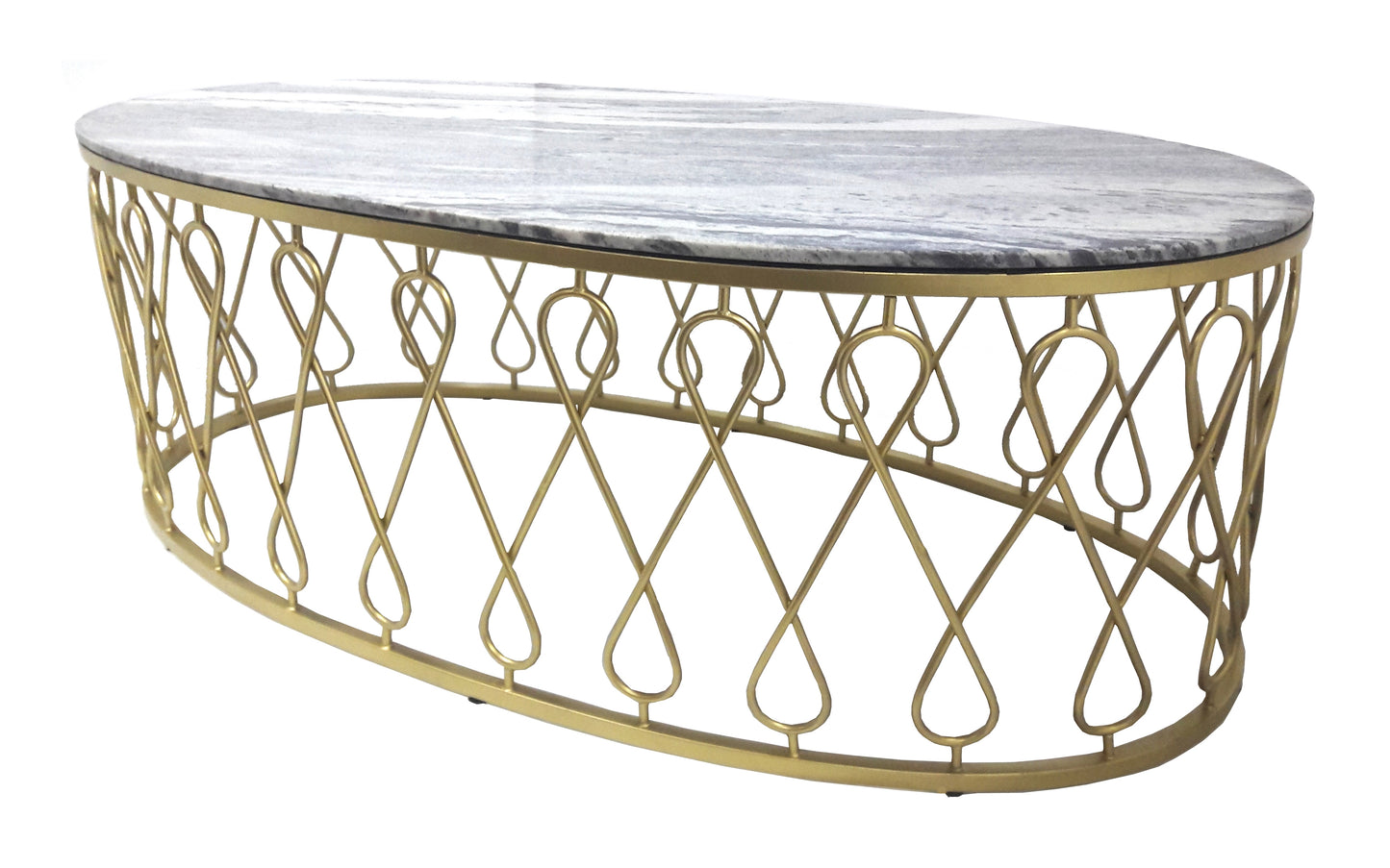Side angle of gold-finish coffee table.