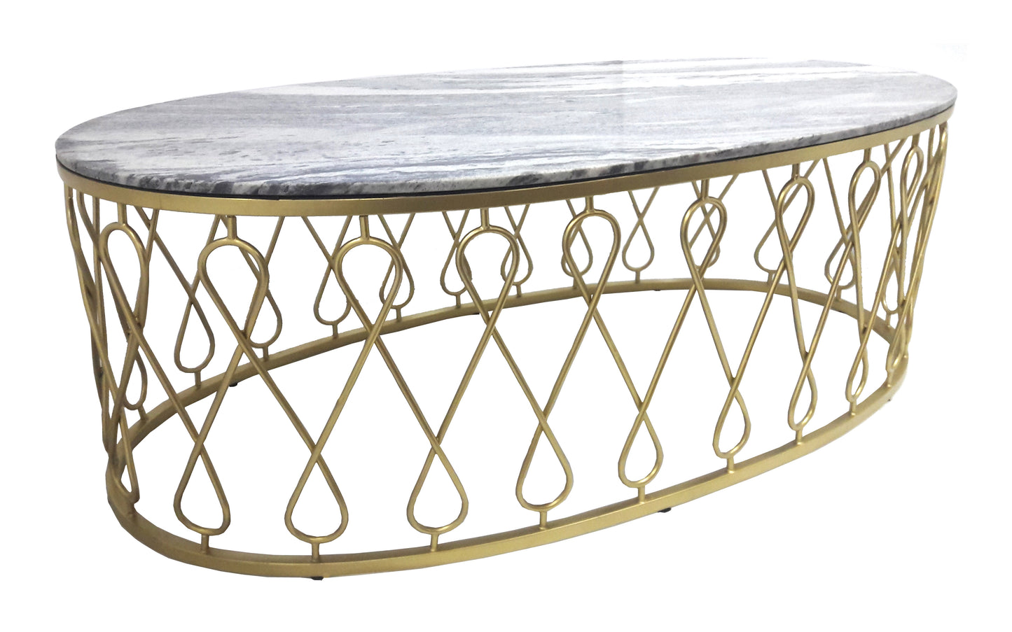 Elegant coffee table with metal frame and marble top.