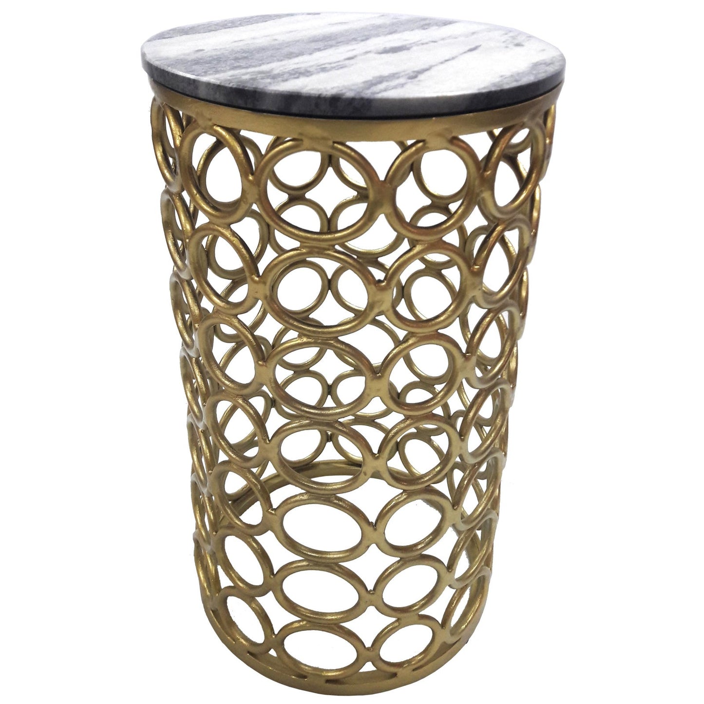 Sleek gold end table with stylish openwork base.
