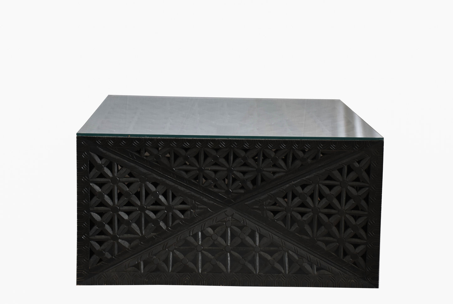 Black lattice coffee table front view.