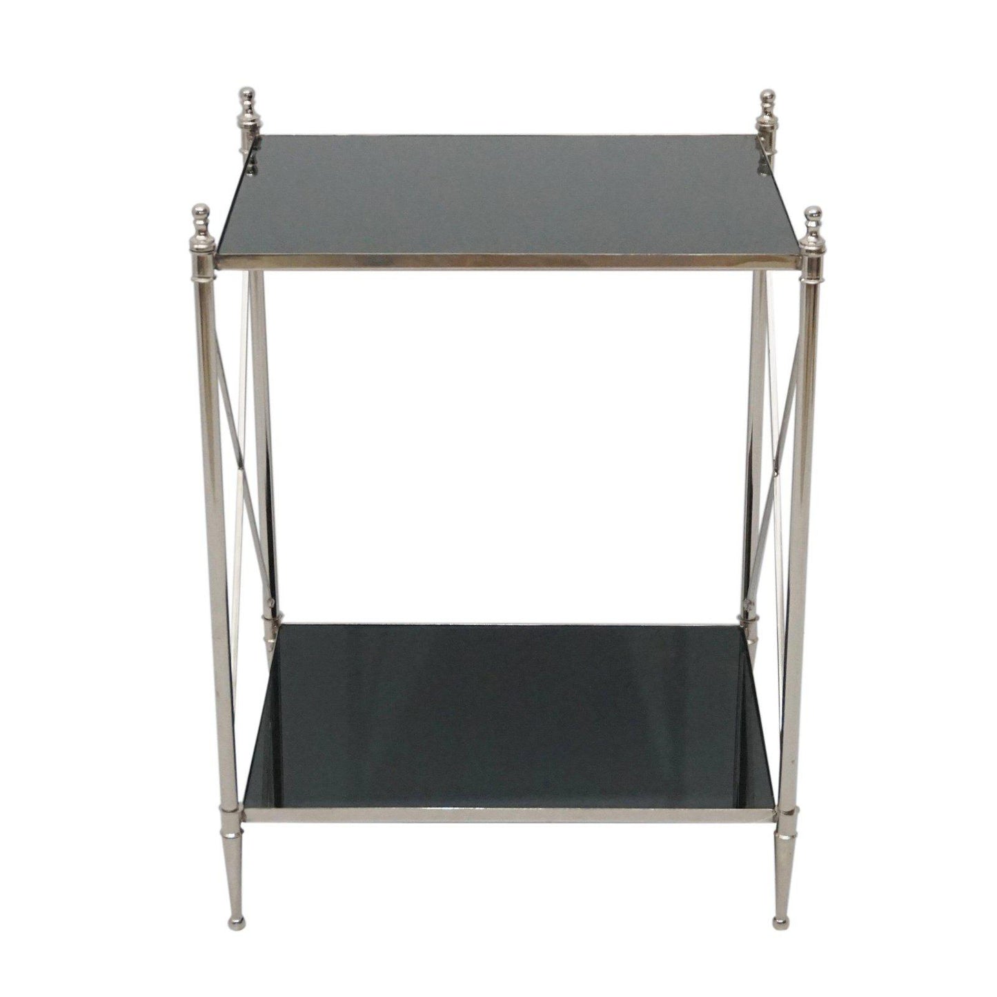 Front view of sleek metal accent table.