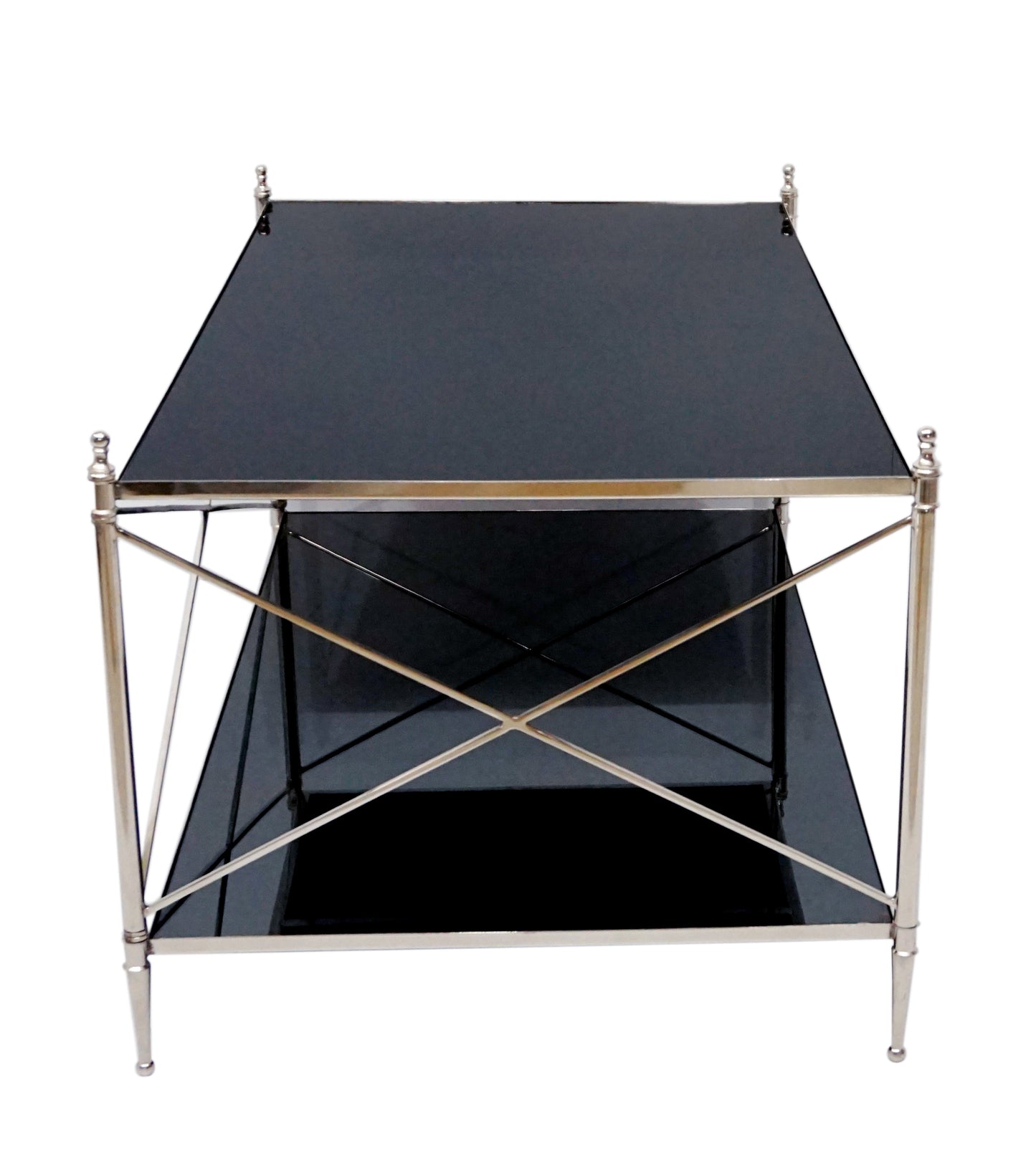 Coffee table with X-frame metal base.