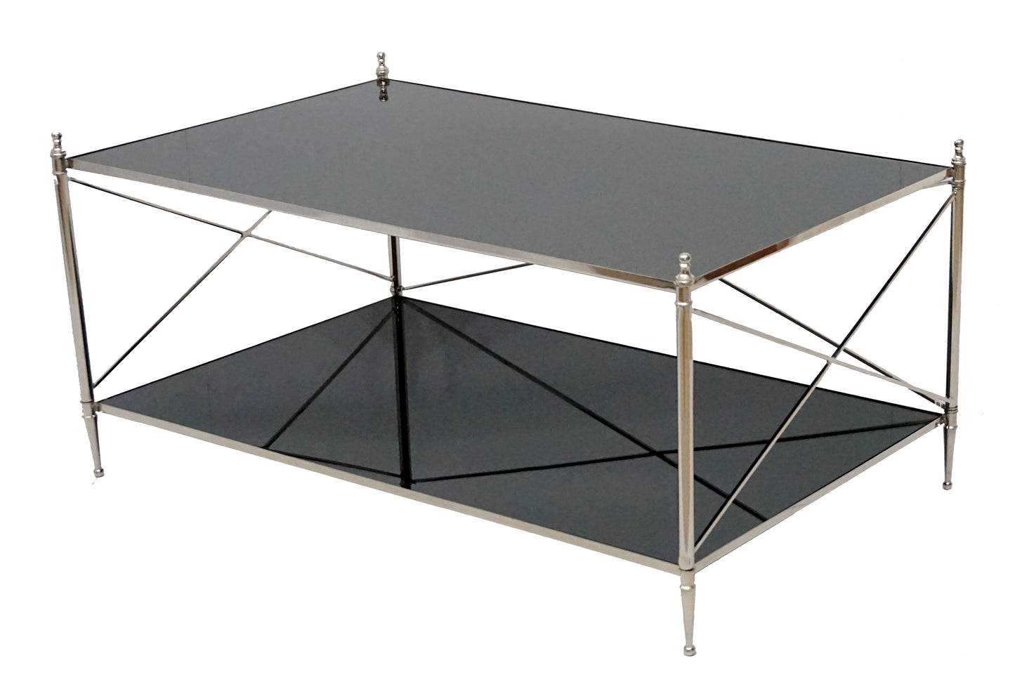 Side angle of black and silver coffee table.