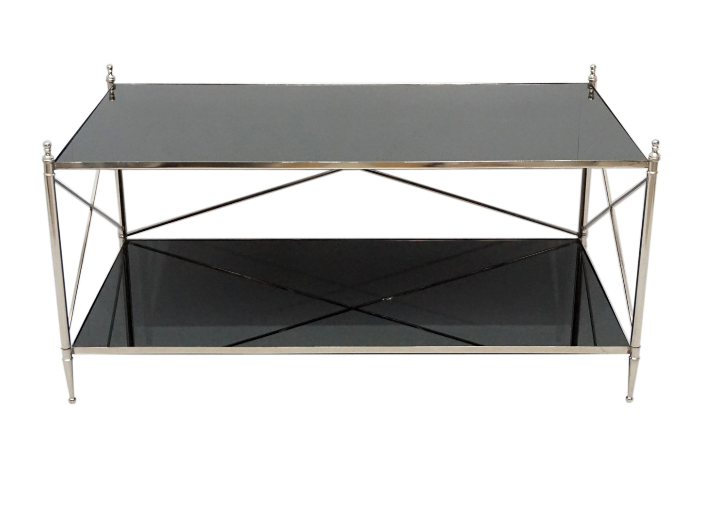 Front view of sleek glass coffee table.
