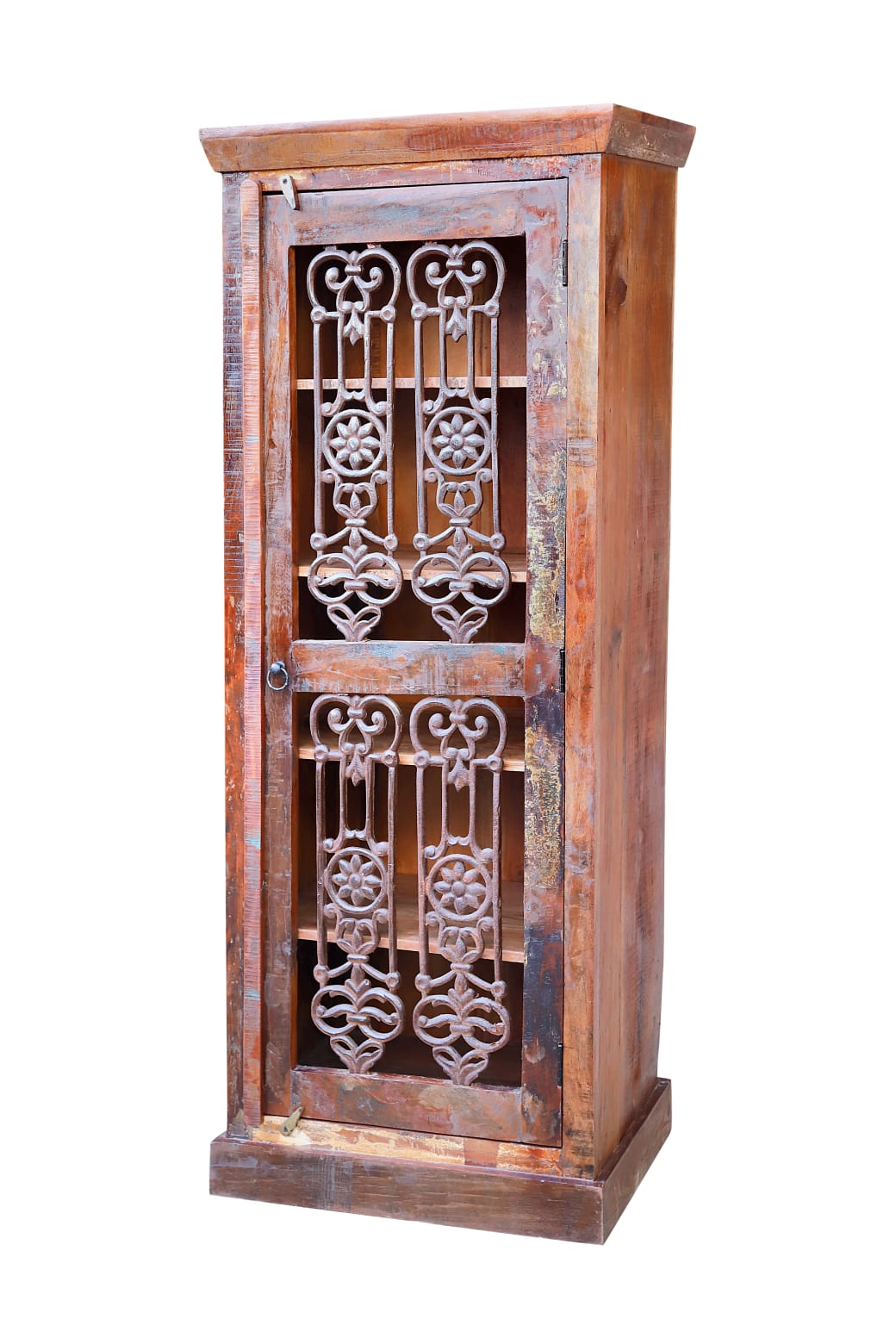 Elegant storage cabinet with glass doors and iron accents