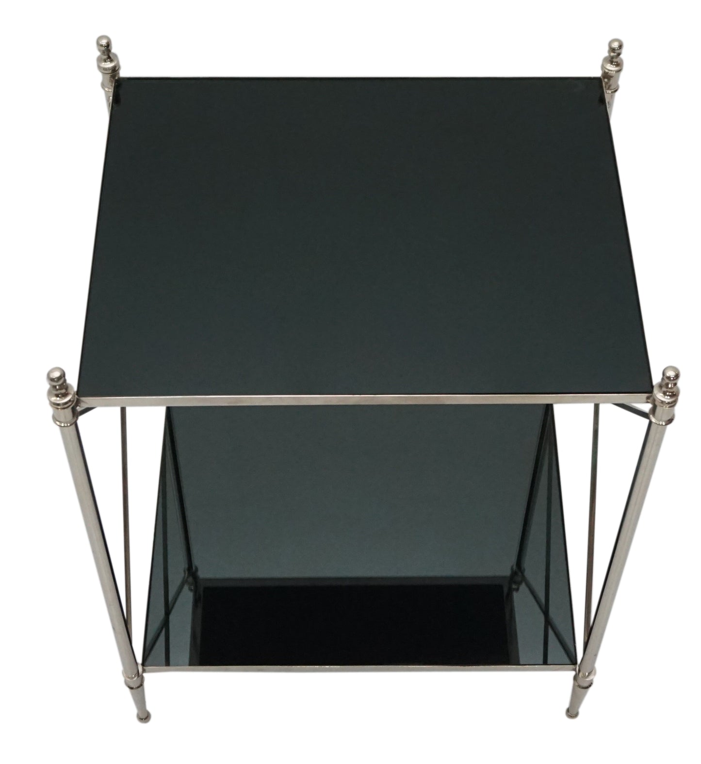 Top view of black glass accent table.