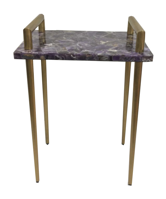 front view of gold and amethyst end table.