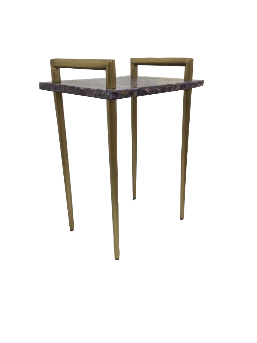 Amethyst stone end table with gold accents.