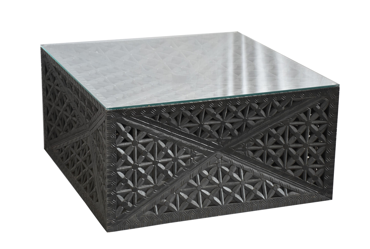 Angled view of black coffee table.