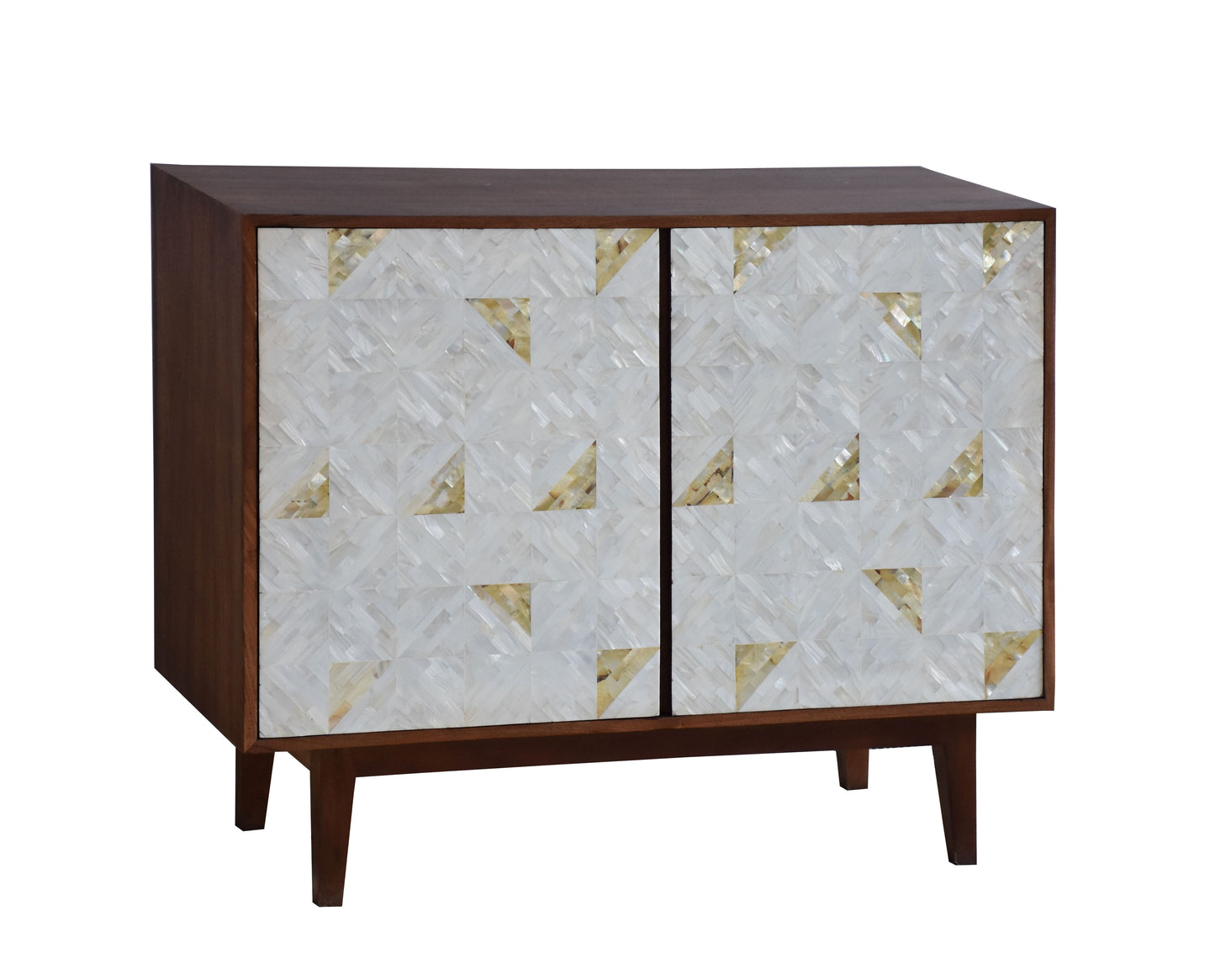 Angled view of a decorative cabinet .