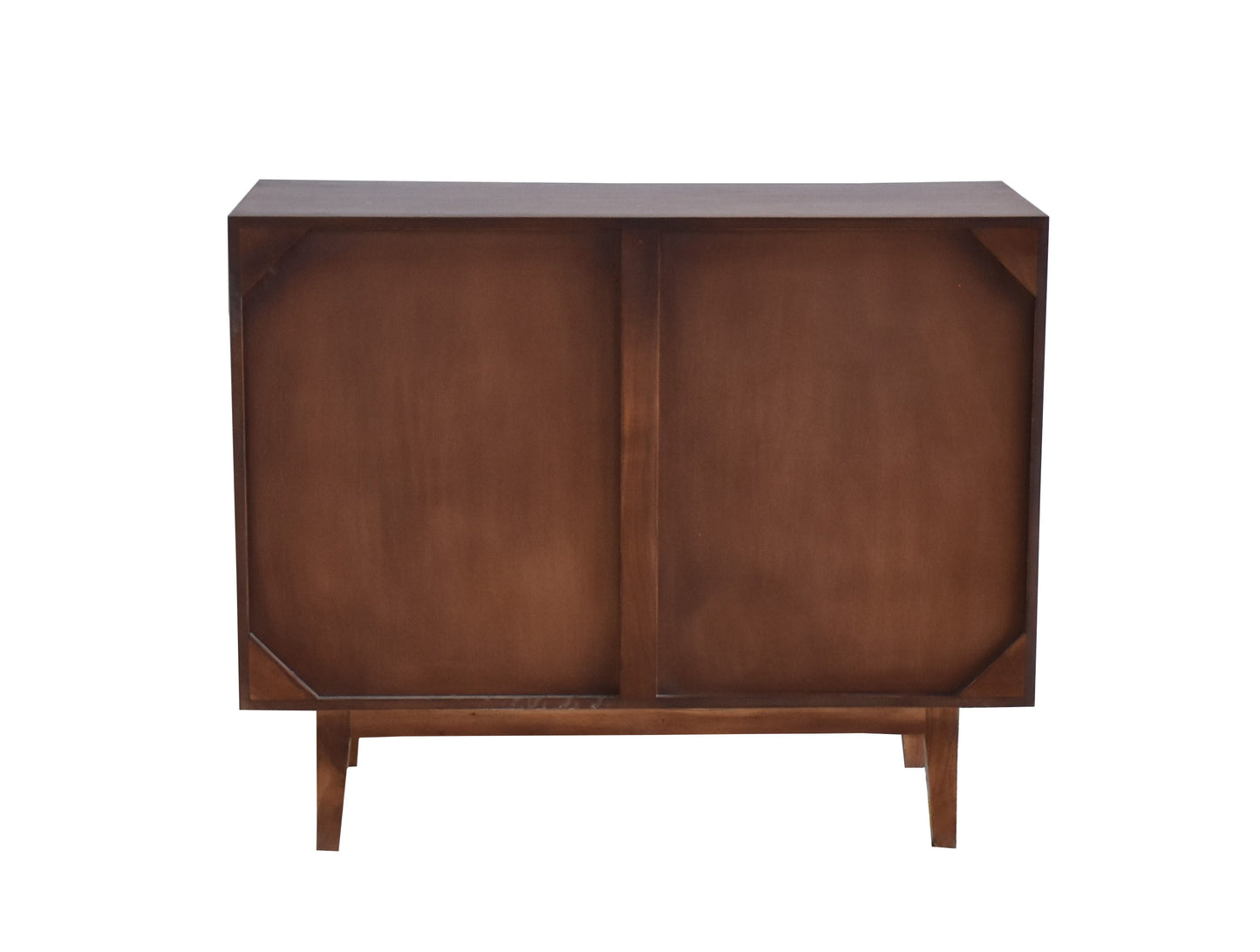 Back view of a wooden storage cabinet.