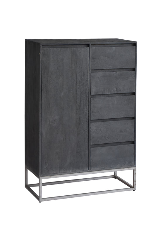 Tall black wooden cabinet with metal frame