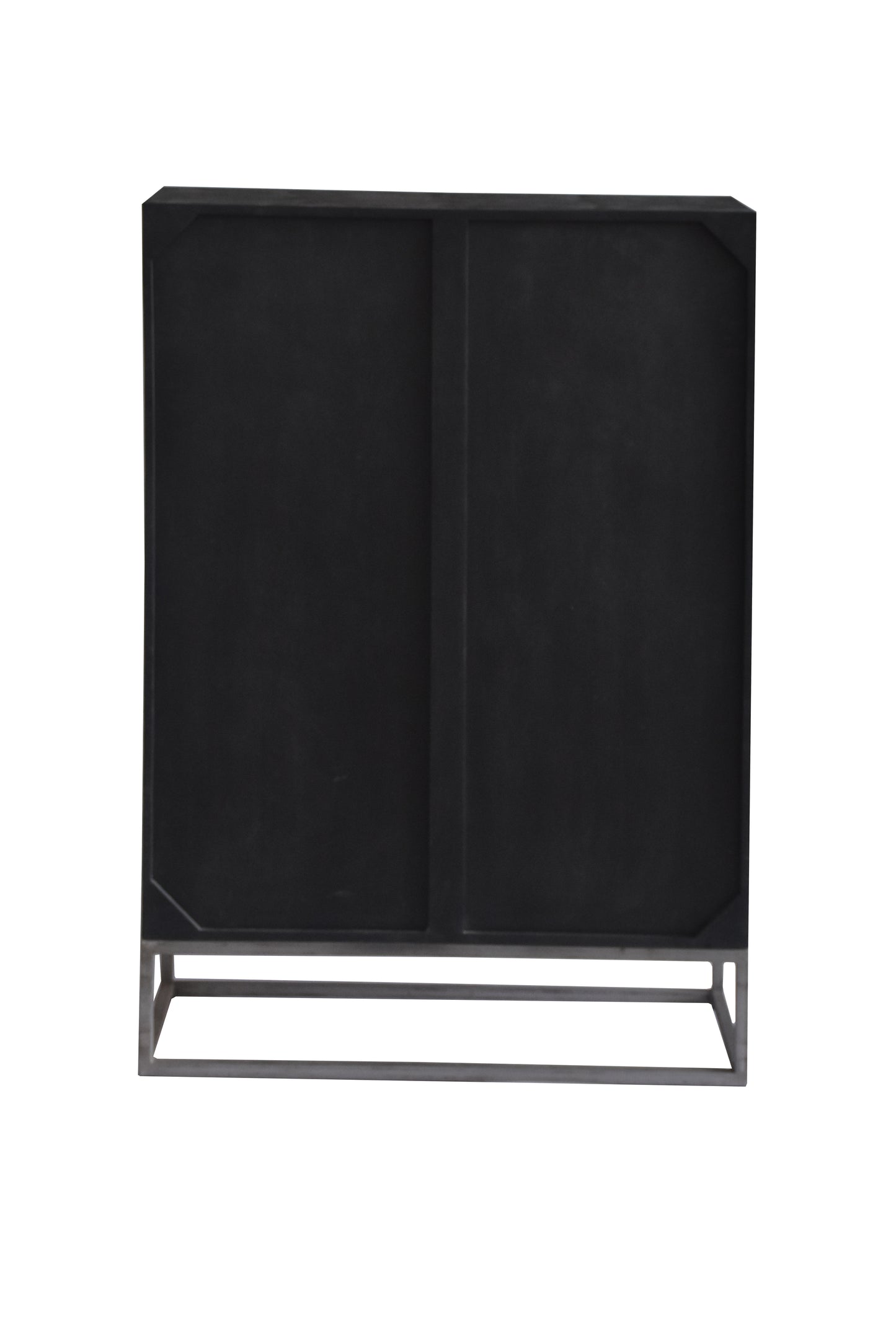Back view of a black wooden cabinet with a minimalist design.