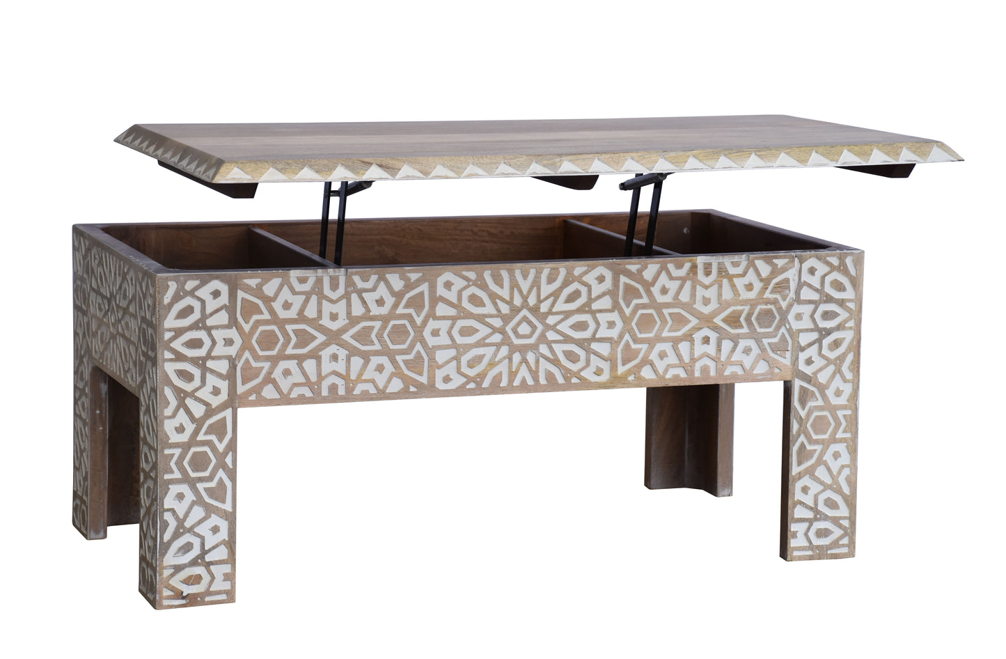 Close-up of the Coffee Table’s detailed hand-carved floral patterns