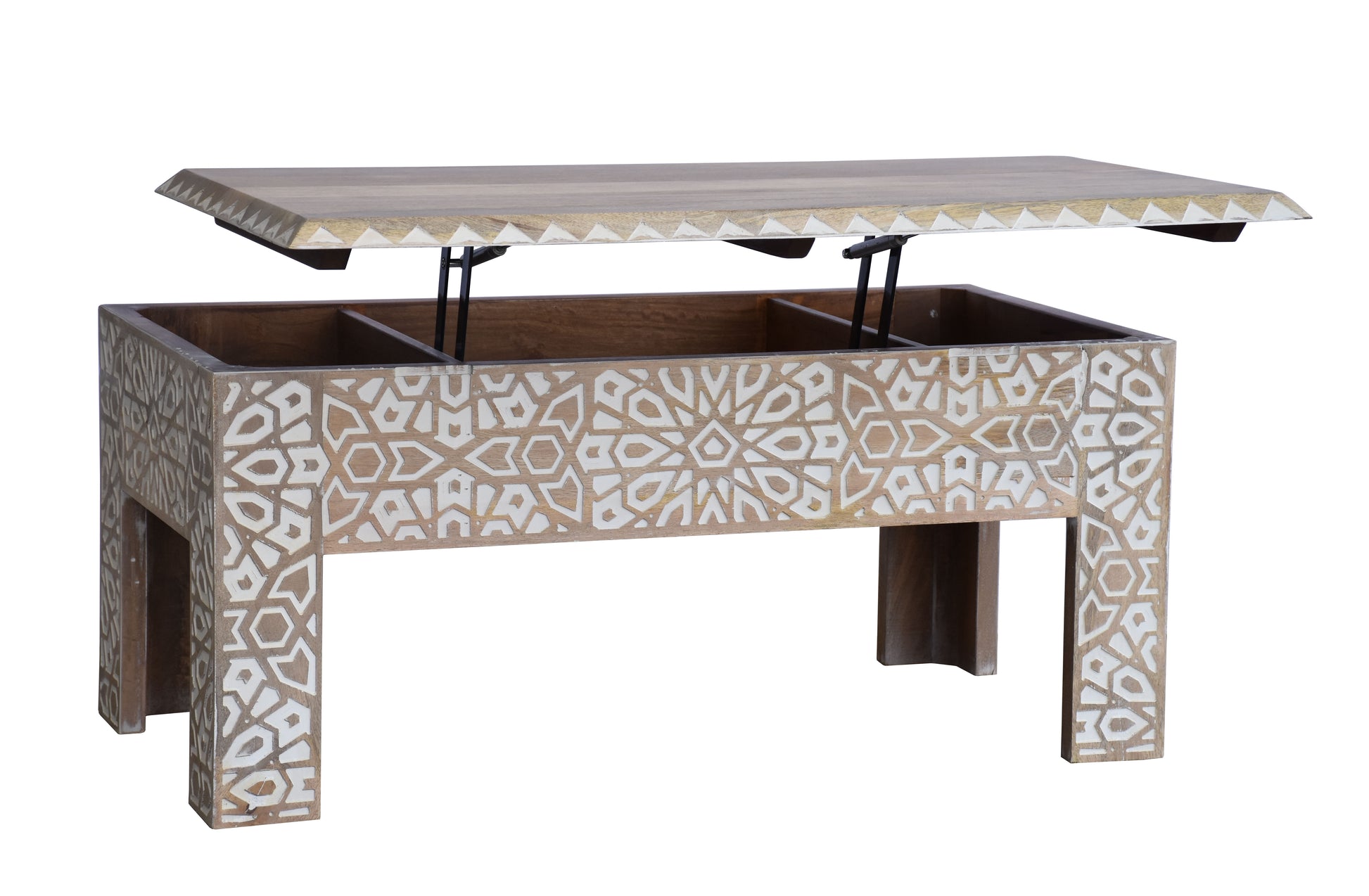 Close-up of the Coffee Table’s detailed hand-carved floral patterns
