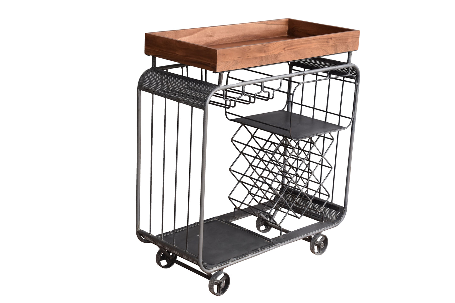 Side angle of a compact bar trolley with wheels.