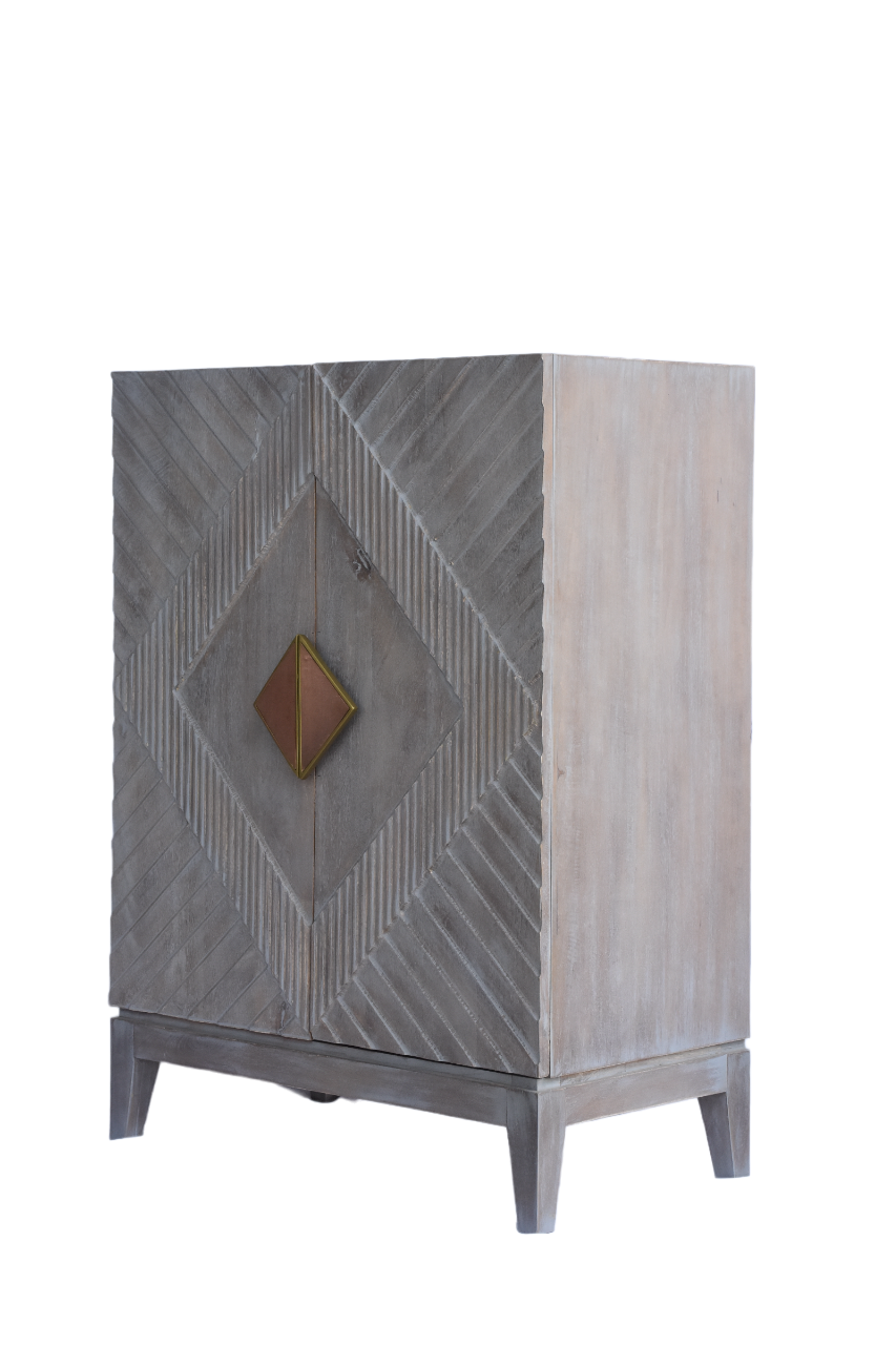 Angled view of the cabinet highlighting its elegant legs and frame.
