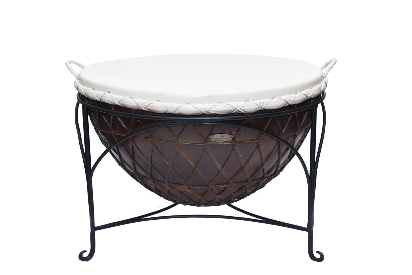 Round leather coffee table with metal frame, front view.