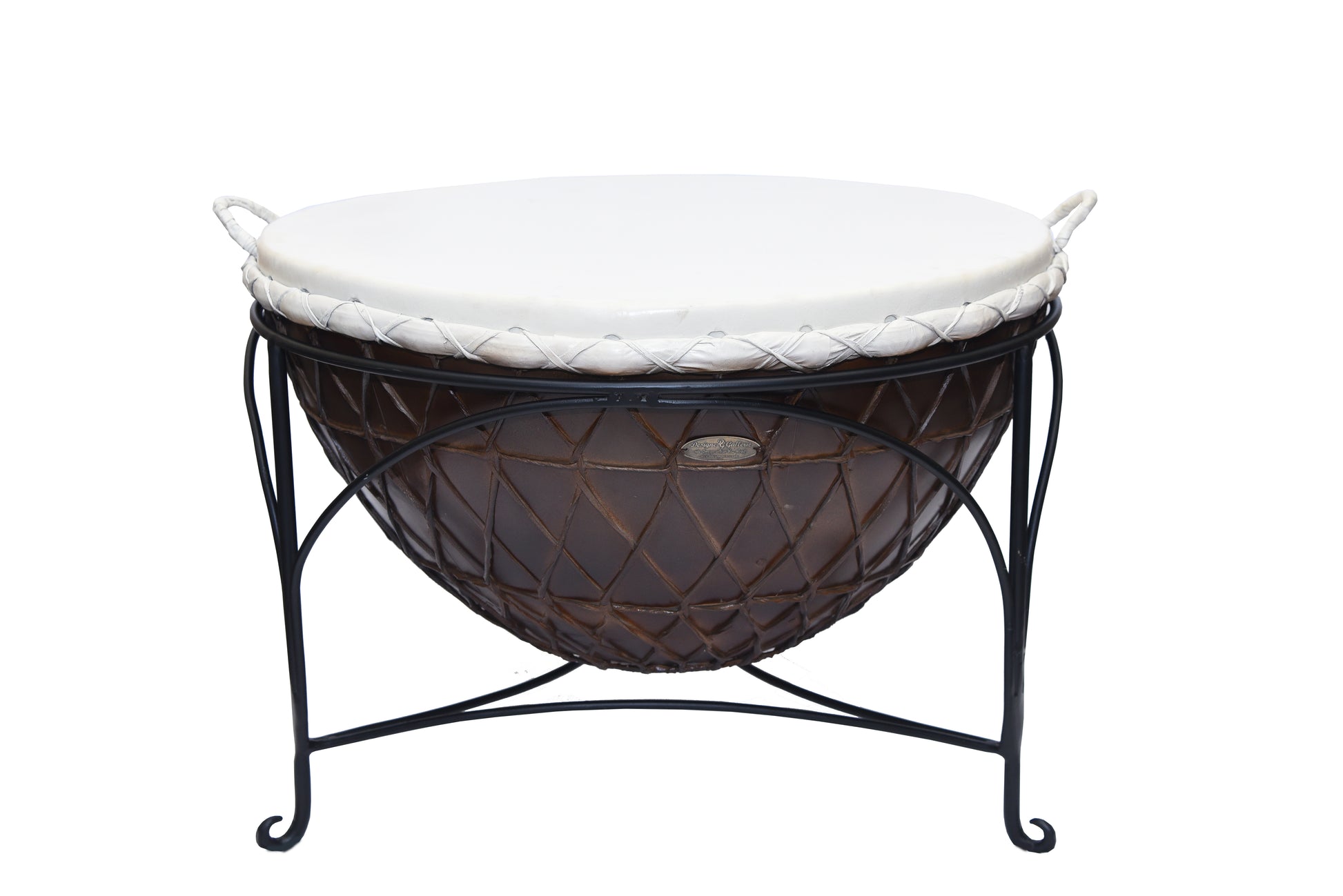 Front view of round coffee table with rustic wood and metal design.