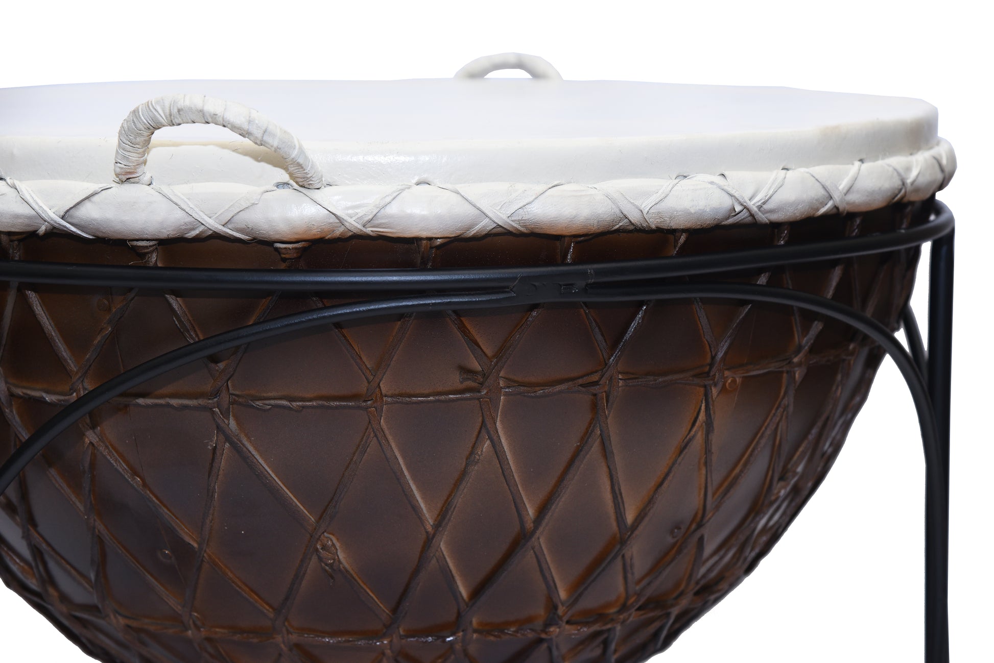 Close-up of the coffee table's woven leather detailing.