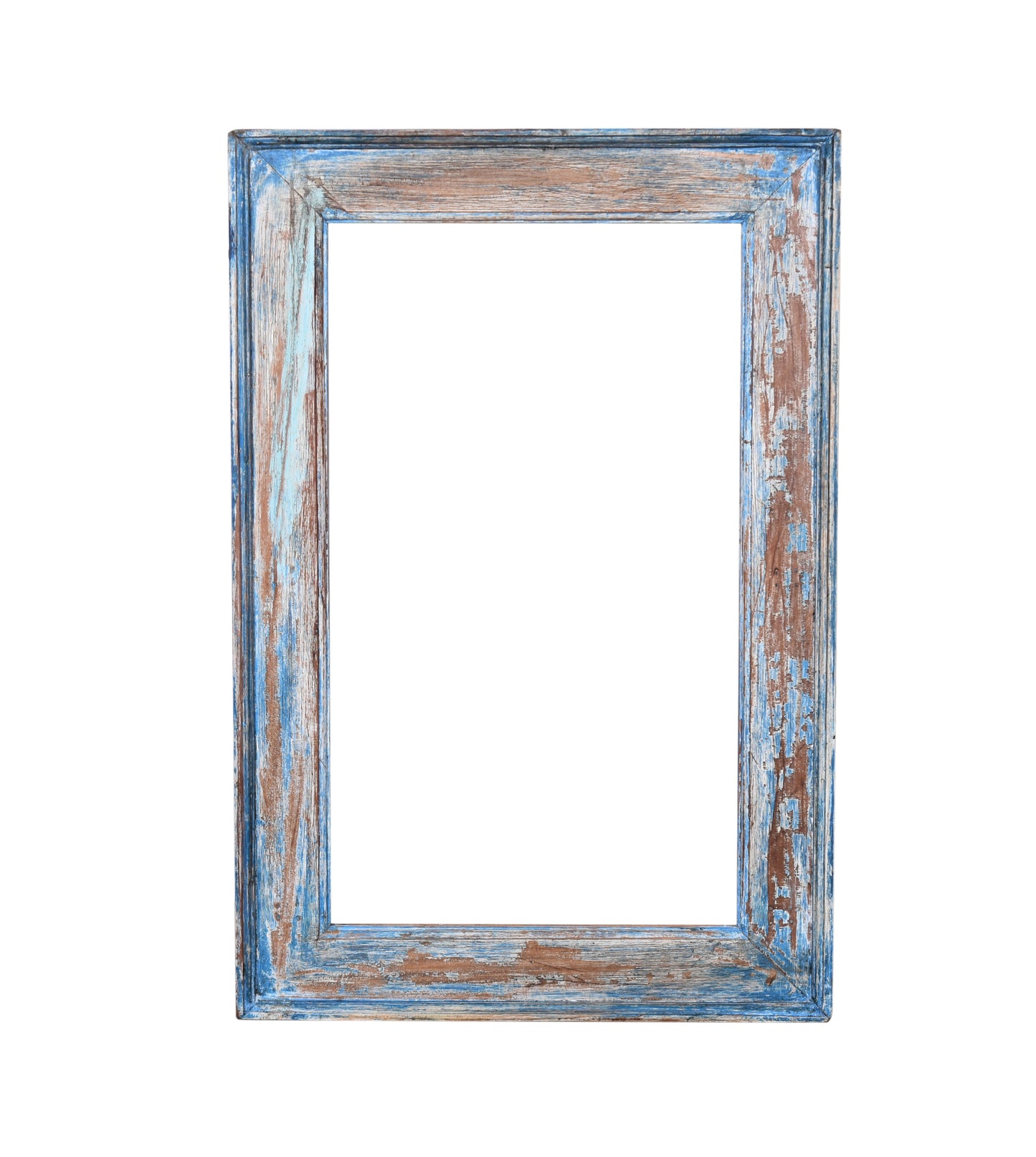 Front view of distressed wood-framed mirrors.