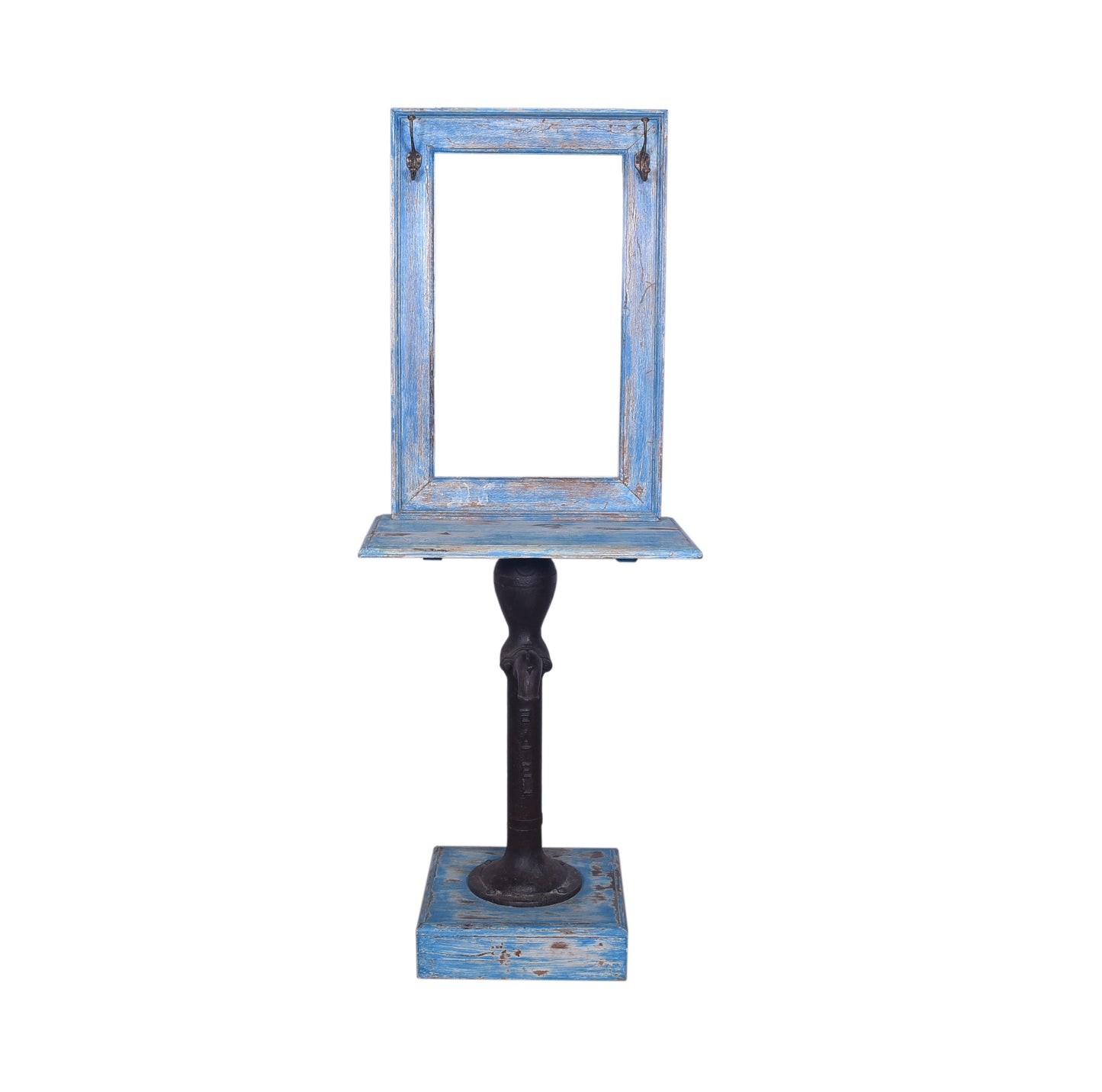 Front view of a blue wooden mirror.