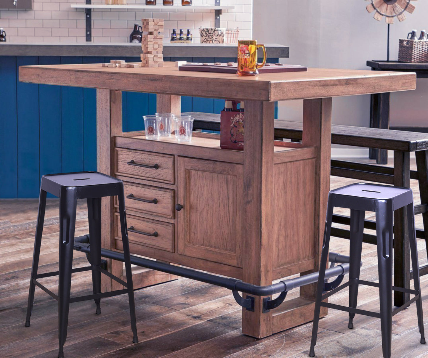 Bar stool set with a wooden bar table in a modern setting.