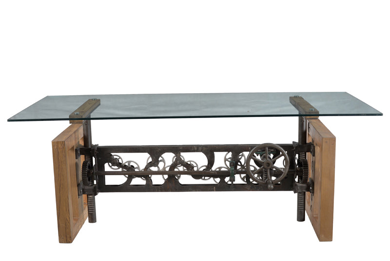 Front view of industrial dining table with glass top