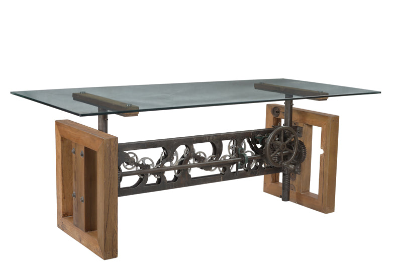 Side view of dining table showcasing iron base and wood details.